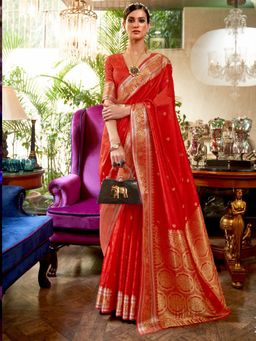 Odette - Red Woven Design Silk Blend Handloom Saree with Unstitched Blouse for Women
