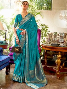 Odette - Blue Woven Design Silk Blend Handloom Saree with Unstitched Blouse for Women