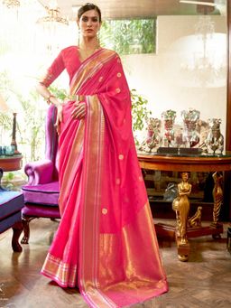 Odette - Pink Woven Design Silk Blend Handloom Saree with Unstitched Blouse for Women
