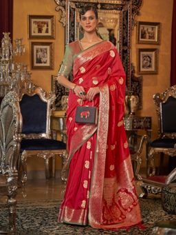 Odette - Red Woven Design Silk Blend Handloom Saree with Unstitched Blouse for Women