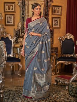 Odette - Grey Woven Design Silk Blend Handloom Saree with Unstitched Blouse for Women
