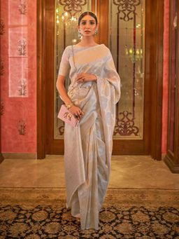 Odette - Beige Woven Design Silk Blend Handloom Saree with Unstitched Blouse for Women