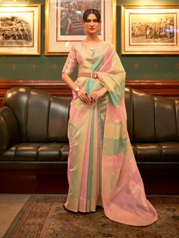 Odette - Multicolor Woven Design Organza Handloom Saree with Unstitched Blouse for Women