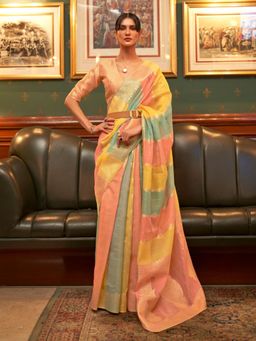 Odette - Multicolor Woven Design Organza Handloom Saree with Unstitched Blouse for Women