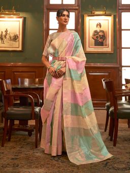 Odette - Multicolor Woven Design Organza Handloom Saree with Unstitched Blouse for Women