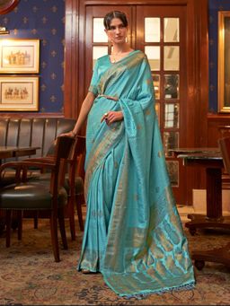 Odette - Blue Woven Design Silk Blend Handloom Saree with Unstitched Blouse for Women