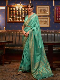 Odette - Sea Green Woven Design Silk Blend Handloom Saree with Unstitched Blouse for Women