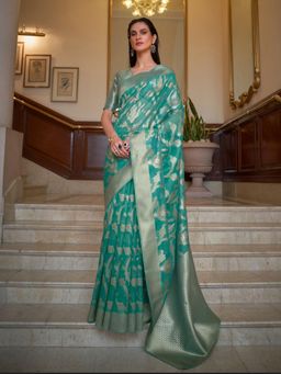 Odette - Teal Woven Design Soft Creep Handloom Saree with Unstitched Blouse for Women
