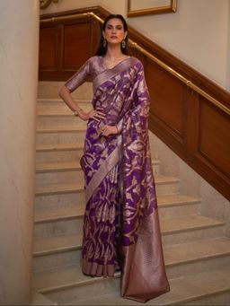 Odette - Purple Woven Design Soft Creep Handloom Saree with Unstitched Blouse for Women