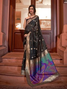 Odette - Black Woven Design Silk Blend Handloom Saree with Unstitched Blouse for Women