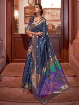 Odette - Navy Blue Woven Design Silk Blend Handloom Saree with Unstitched Blouse for Women