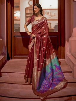 Odette - Maroon Woven Design Silk Blend Handloom Saree with Unstitched Blouse for Women