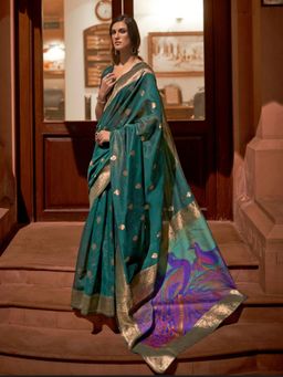 Odette - Teal Woven Design Silk Blend Handloom Saree with Unstitched Blouse for Women
