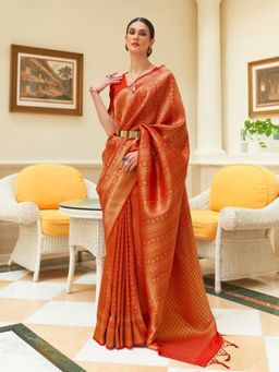 Odette - Orange Woven Design Silk Blend Handloom Saree with Unstitched Blouse for Women