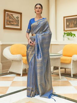 Odette - Blue Woven Design Silk Blend Handloom Saree with Unstitched Blouse for Women