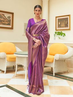 Odette - Purple Woven Design Silk Blend Handloom Saree with Unstitched Blouse for Women