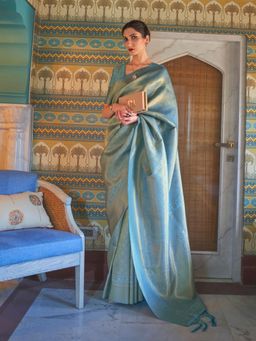 Odette - Blue Woven Design Silk Blend Handloom Saree with Unstitched Blouse for Women