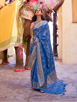 Odette - Blue Woven Design Silk Blend Handloom Saree with Unstitched Blouse for Women