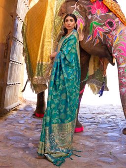 Odette - Teal Woven Design Silk Blend Handloom Saree with Unstitched Blouse for Women