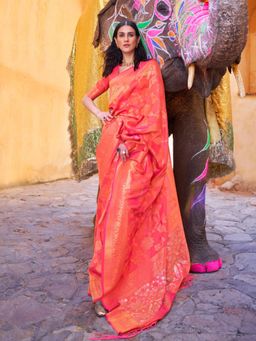Odette - Orange Woven Design Silk Blend Handloom Saree with Unstitched Blouse for Women