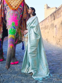 Odette - Blue Woven Design Silk Blend Handloom Saree with Unstitched Blouse for Women