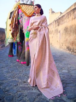 Odette - Pink Woven Design Silk Blend Handloom Saree with Unstitched Blouse for Women