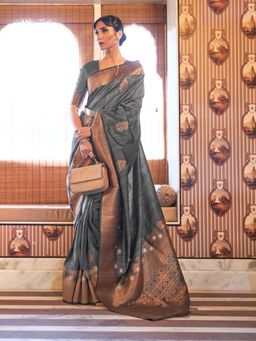 Odette - Grey Woven Design Silk Blend Handloom Saree with Unstitched Blouse for Women