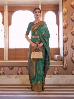 Odette - Green Woven Design Silk Blend Handloom Saree with Unstitched Blouse for Women