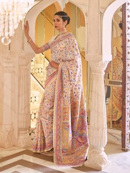 Odette - Beige Floral Printed Silk Blend Printed Saree with Unstitched Blouse for Women