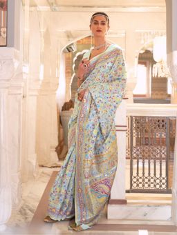 Odette - Blue Floral Printed Silk Blend Printed Saree with Unstitched Blouse for Women