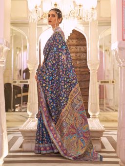 Odette - Navy Blue Floral Printed Silk Blend Printed Saree with Unstitched Blouse for Women