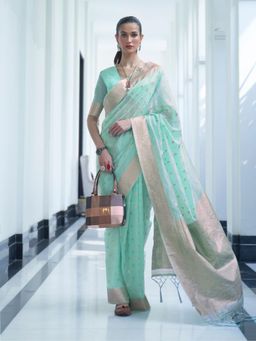 Odette - Sea Green Woven Design Silk Blend Handloom Saree with Unstitched Blouse for Women