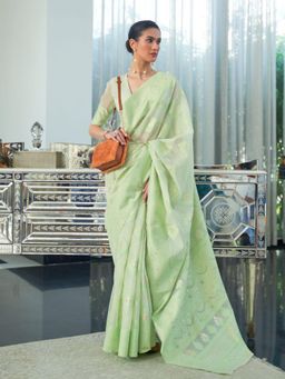 Odette - Light Green Woven Design Cotton Blend Handloom Saree with Unstitched Blouse for Women