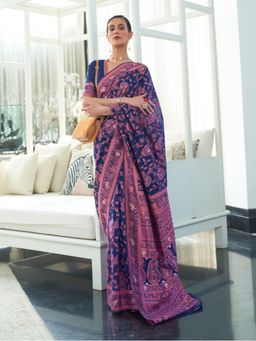 Odette - Navy Blue Woven Design Cotton Blend Handloom Saree with Unstitched Blouse for Women