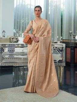 Odette - Beige Woven Design Cotton Blend Handloom Saree with Unstitched Blouse for Women