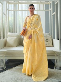 Odette - Yellow Woven Design Cotton Blend Handloom Saree with Unstitched Blouse for Women
