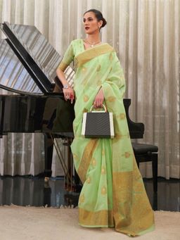 Odette - Green Woven Design Silk Blend Handloom Saree with Unstitched Blouse for Women