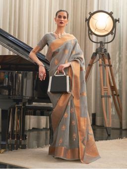Odette - Grey Woven Design Silk Blend Handloom Saree with Unstitched Blouse for Women