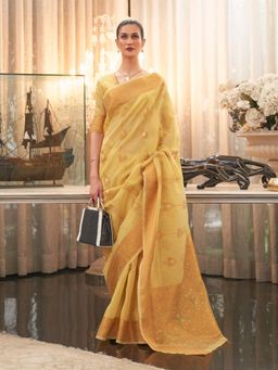 Odette - Mustard Woven Design Silk Blend Handloom Saree with Unstitched Blouse for Women
