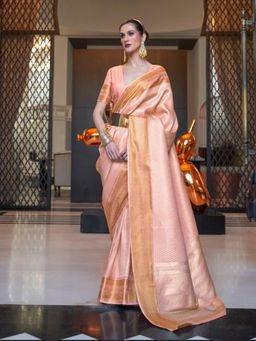 Odette - Peach Woven Design Silk Blend Handloom Saree with Unstitched Blouse for Women