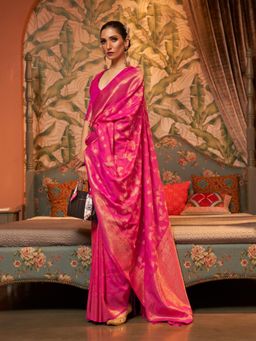 Odette - Pink Woven Design Silk Blend Handloom Saree with Unstitched Blouse for Women