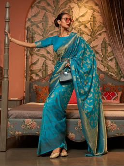 Odette - Blue Woven Design Silk Blend Handloom Saree with Unstitched Blouse for Women