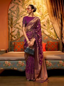 Odette - Purple Woven Design Silk Blend Handloom Saree with Unstitched Blouse for Women