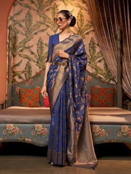 Odette - Navy Blue Woven Design Silk Blend Handloom Saree with Unstitched Blouse for Women