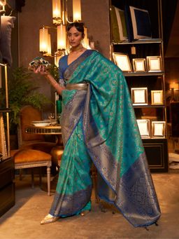 Odette - Teal and Blue Woven Design Silk Blend Handloom Saree with Unstitched Blouse for Women