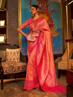 Odette - Orange and Pink Woven Design Silk Blend Handloom Saree with Unstitched Blouse for Women