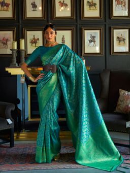 Odette - Teal Woven Design Silk Blend Handloom Saree with Unstitched Blouse for Women
