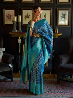 Odette - Blue and Teal Woven Design Silk Blend Handloom Saree with Unstitched Blouse for Women