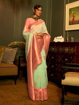 Odette - Sea Green and Pink Woven Design Linen Handloom Saree with Unstitched Blouse for Women