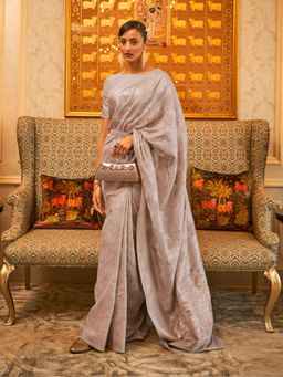 Odette - Grey Woven Design Silk Blend Handloom Saree with Unstitched Blouse for Women